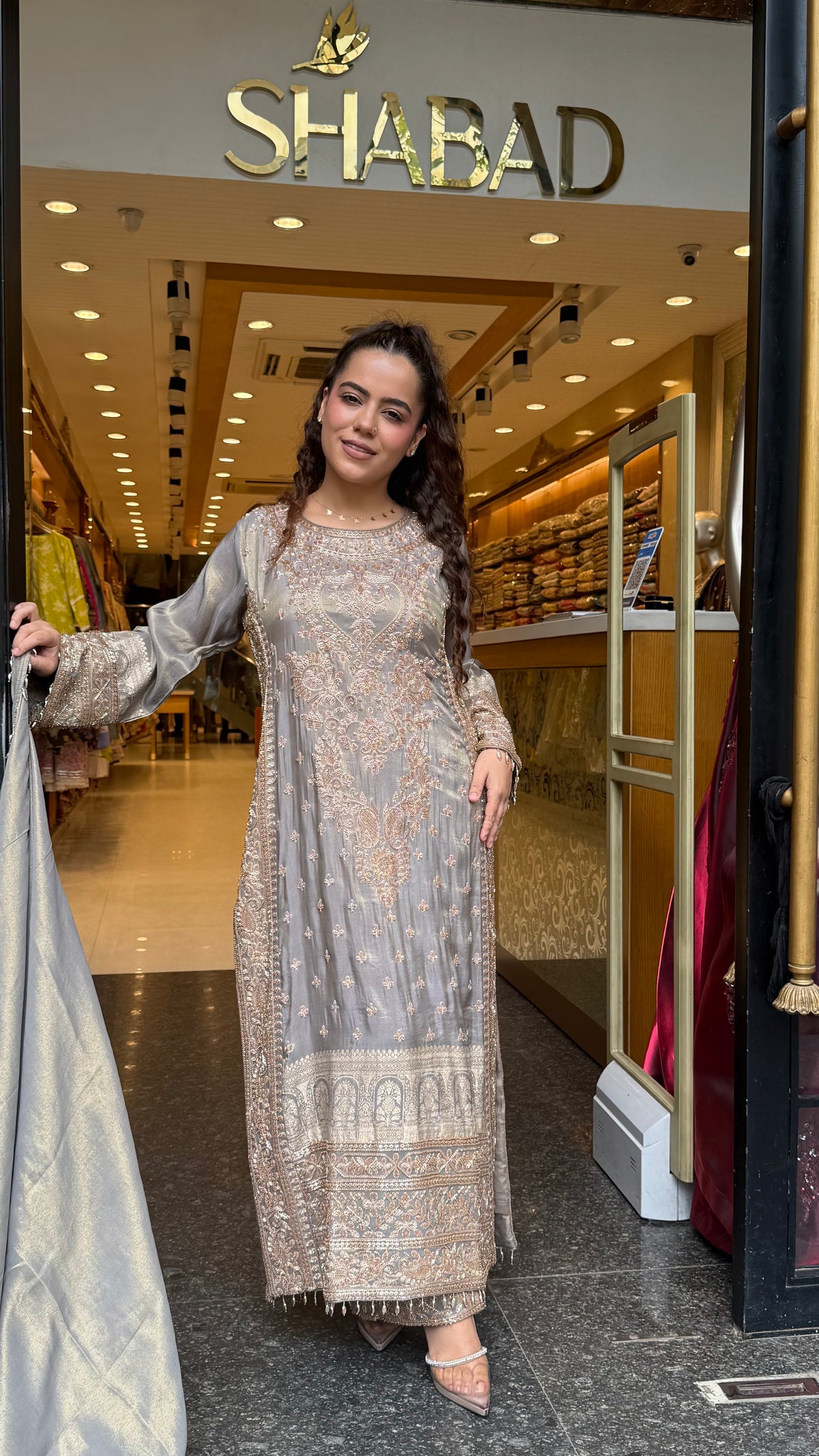 Women's Banarasi Shimmer Suit Set with Gold Beads Work