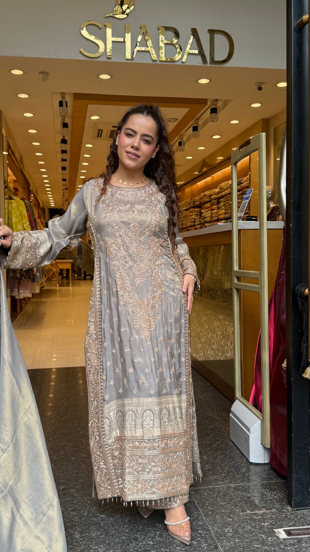 Women's Banarasi Shimmer Suit Set with Gold Beads Work