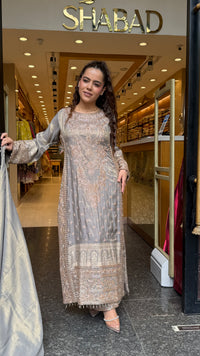 Women's Banarasi Shimmer Suit Set with Gold Beads Work