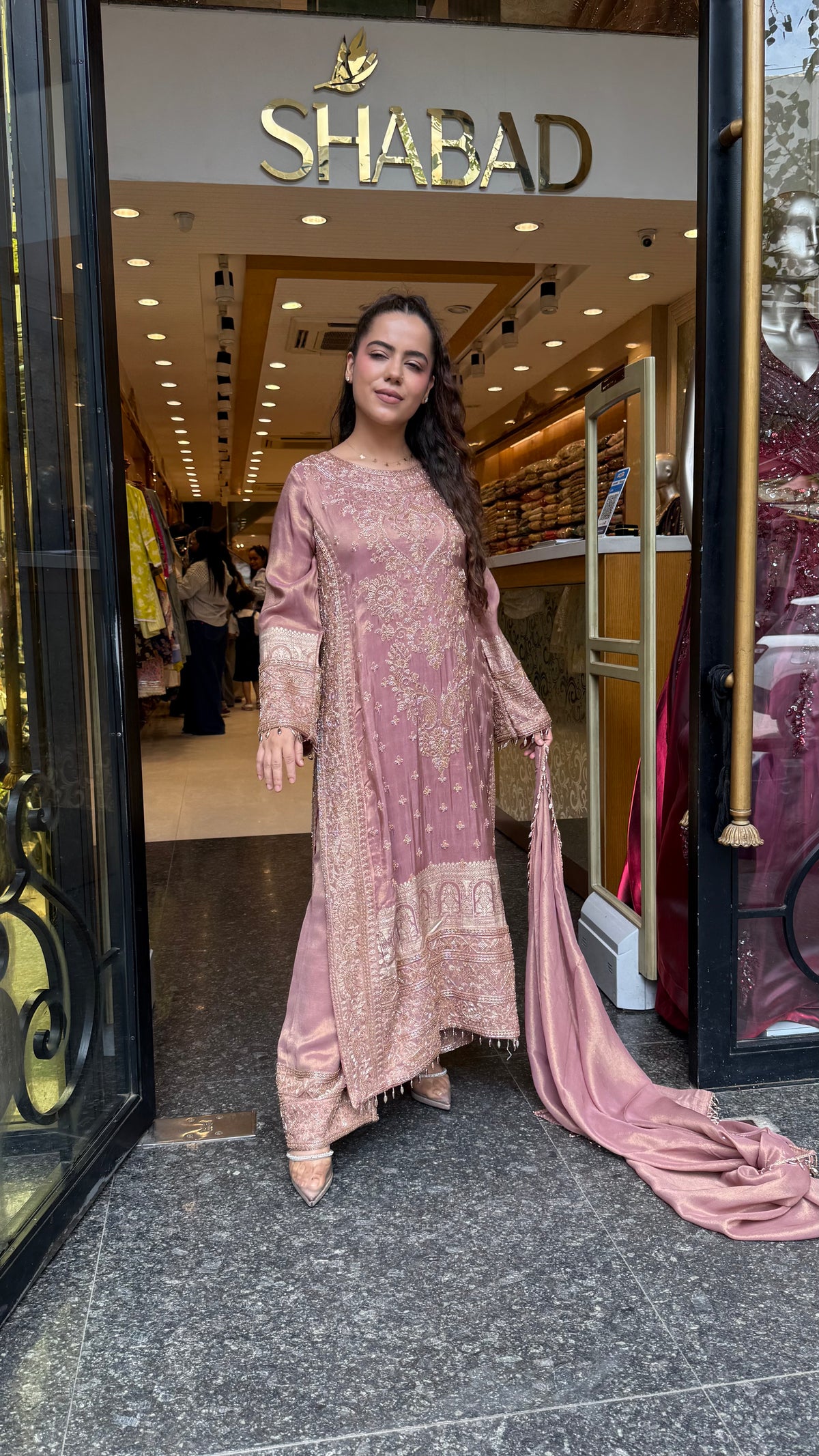 Women's Banarasi Shimmer Suit Set with Gold Beads Work