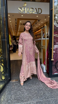 Women's Banarasi Shimmer Suit Set with Gold Beads Work