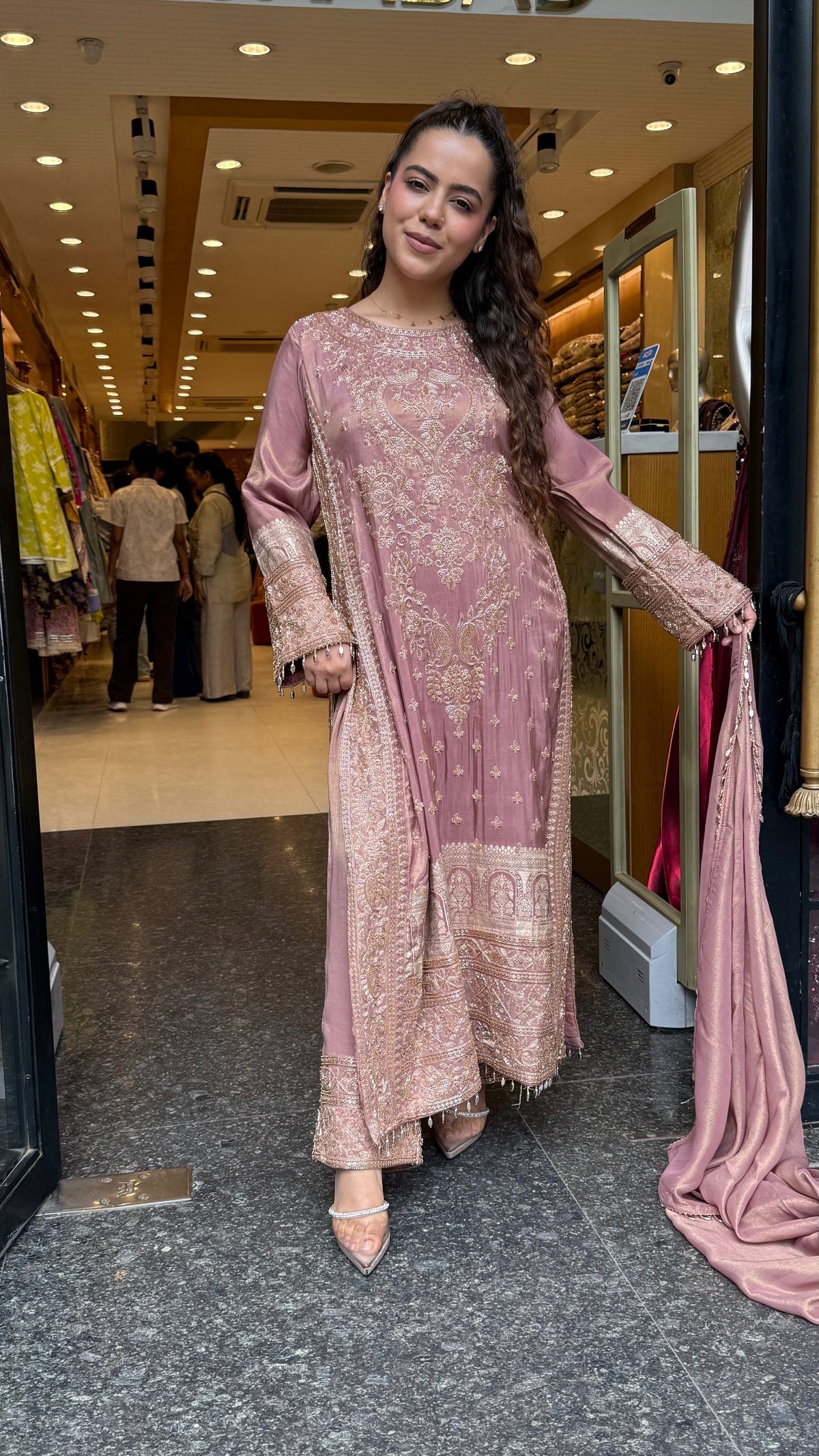 Women's Banarasi Shimmer Suit Set with Gold Beads Work