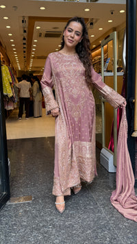 Women's Banarasi Shimmer Suit Set with Gold Beads Work