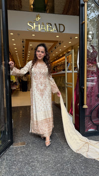 Women's Banarasi Shimmer Suit Set with Gold Beads Work
