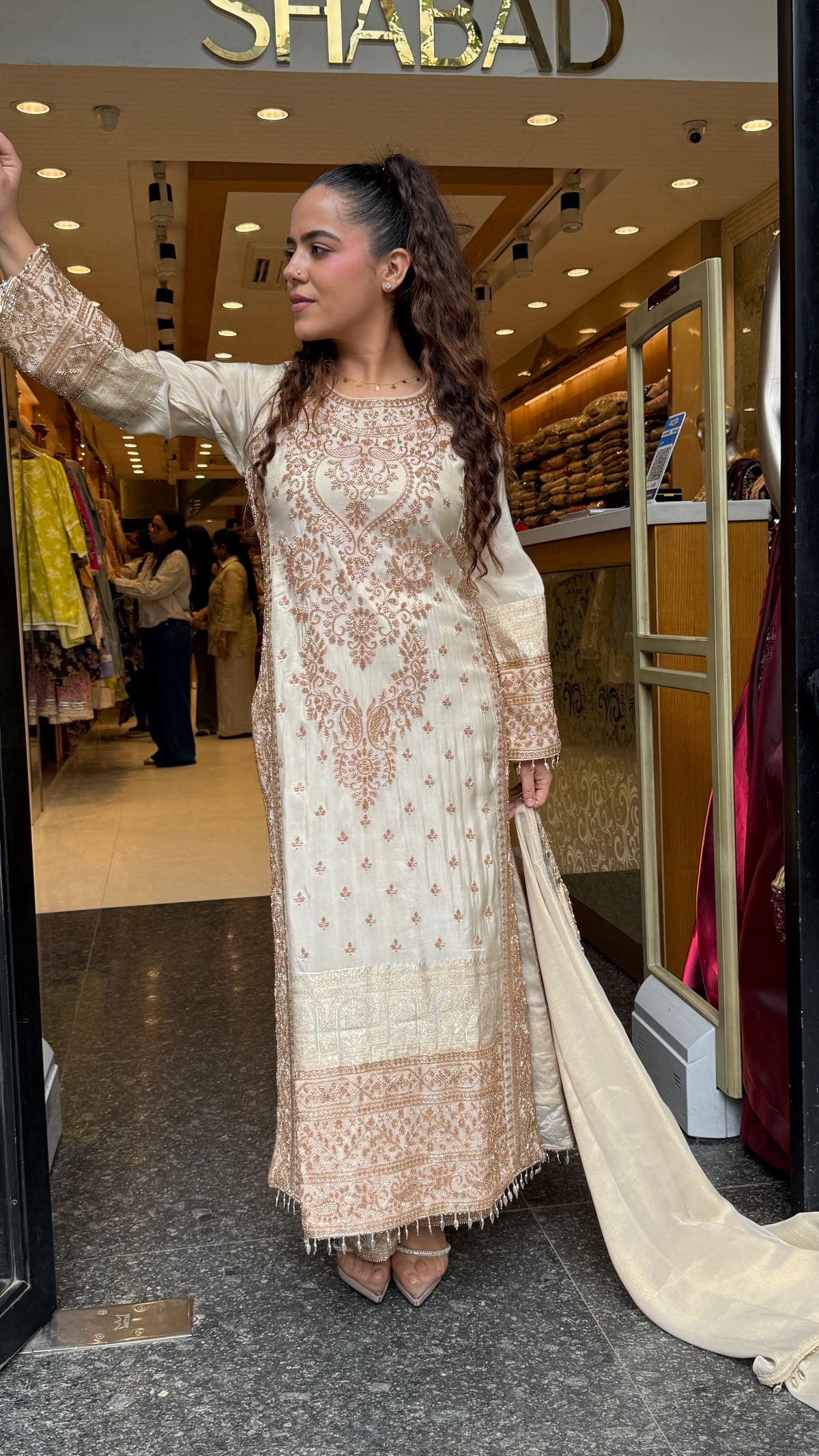 Women's Banarasi Shimmer Suit Set with Gold Beads Work