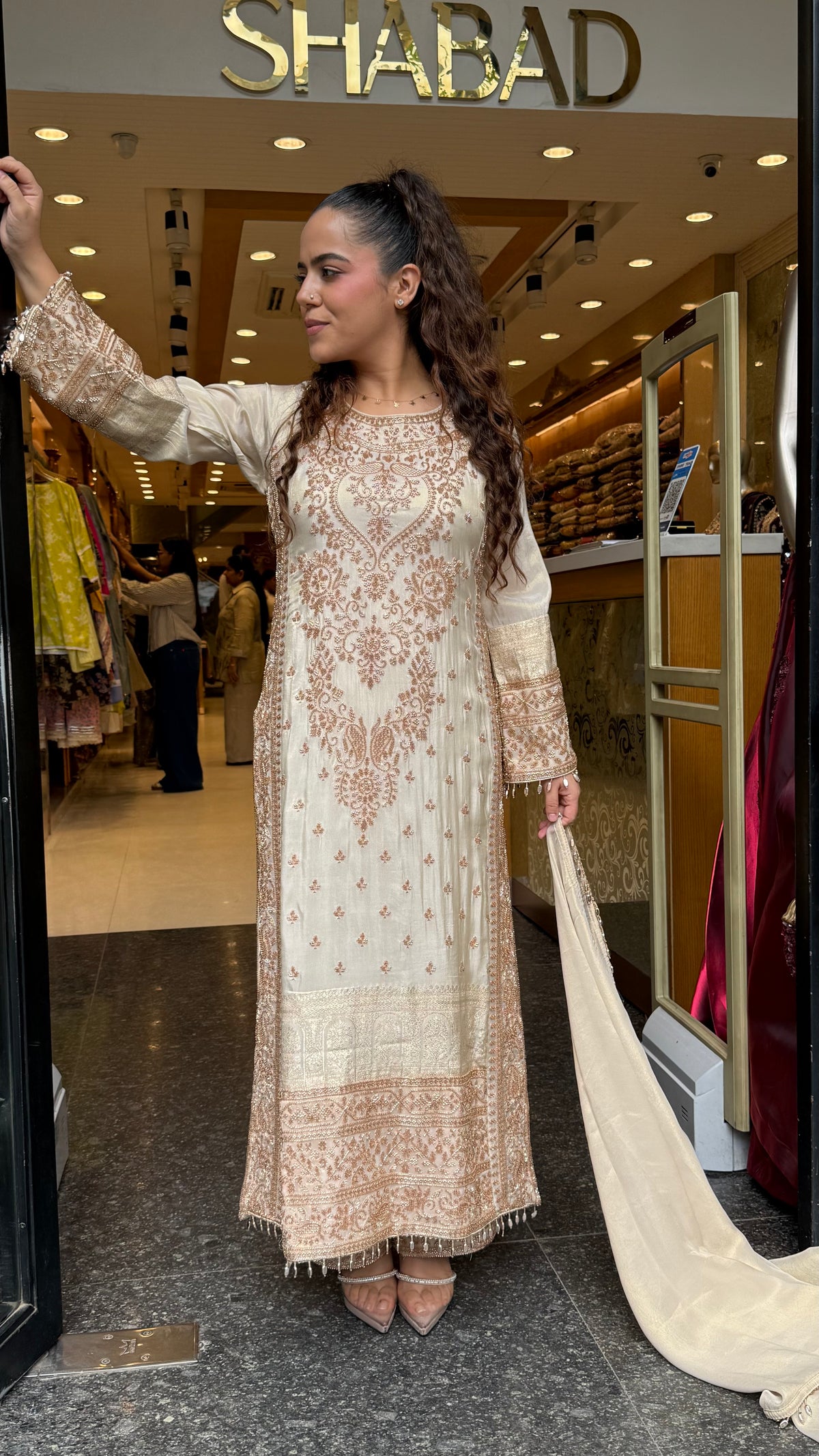 Women's Banarasi Shimmer Suit Set with Gold Beads Work