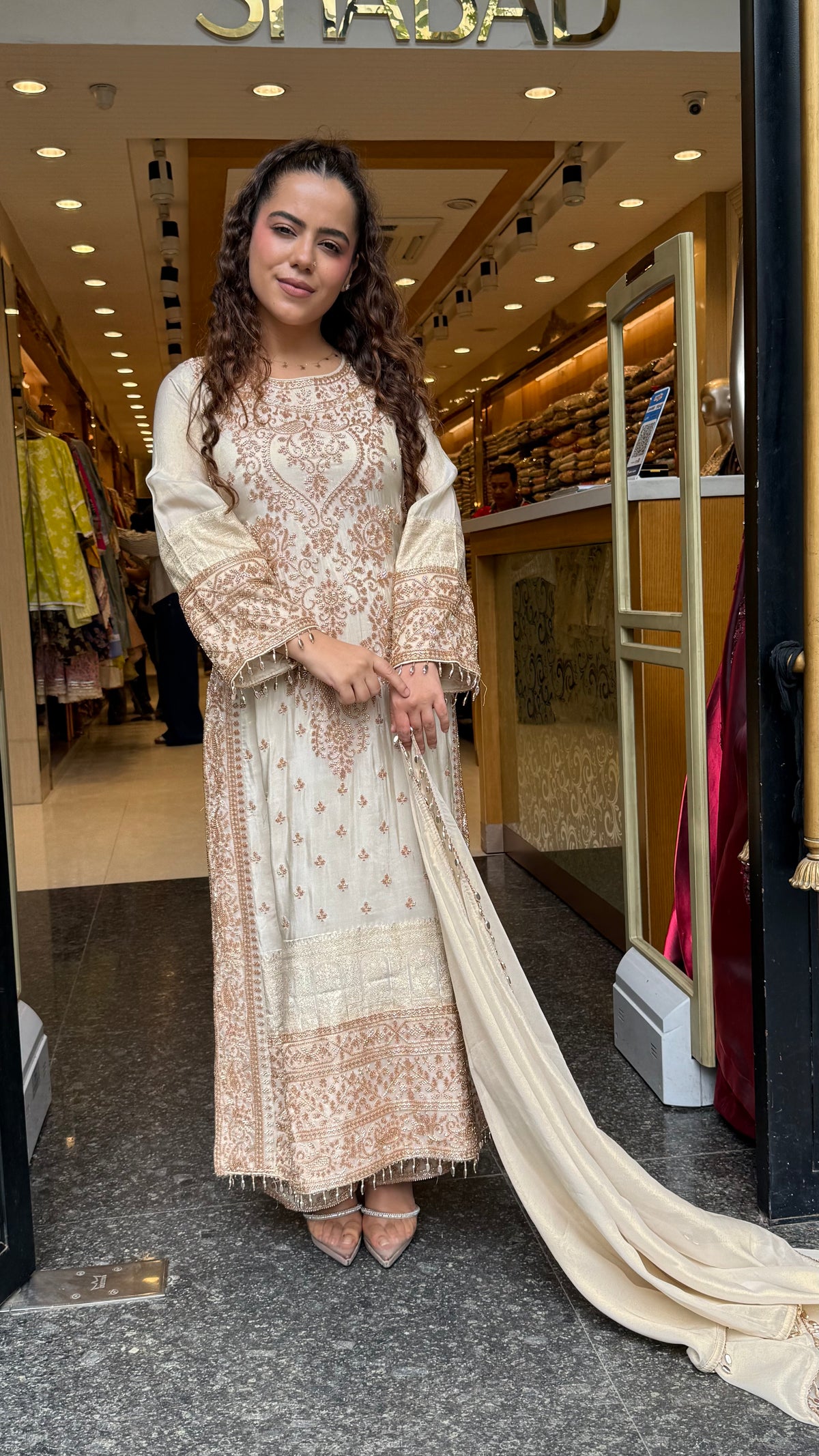 Women's Banarasi Shimmer Suit Set with Gold Beads Work