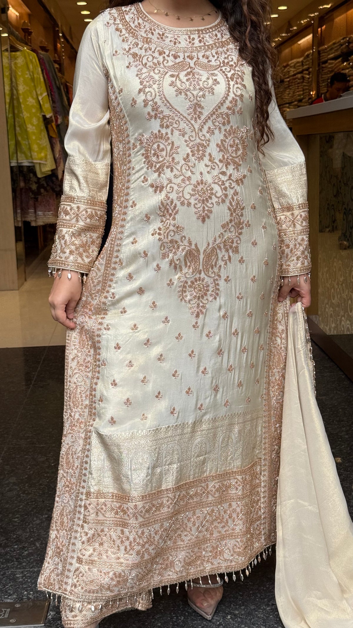 Women's Banarasi Shimmer Suit Set with Gold Beads Work