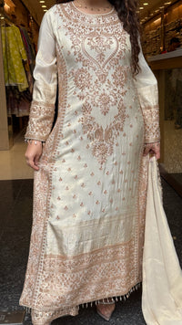 Women's Banarasi Shimmer Suit Set with Gold Beads Work