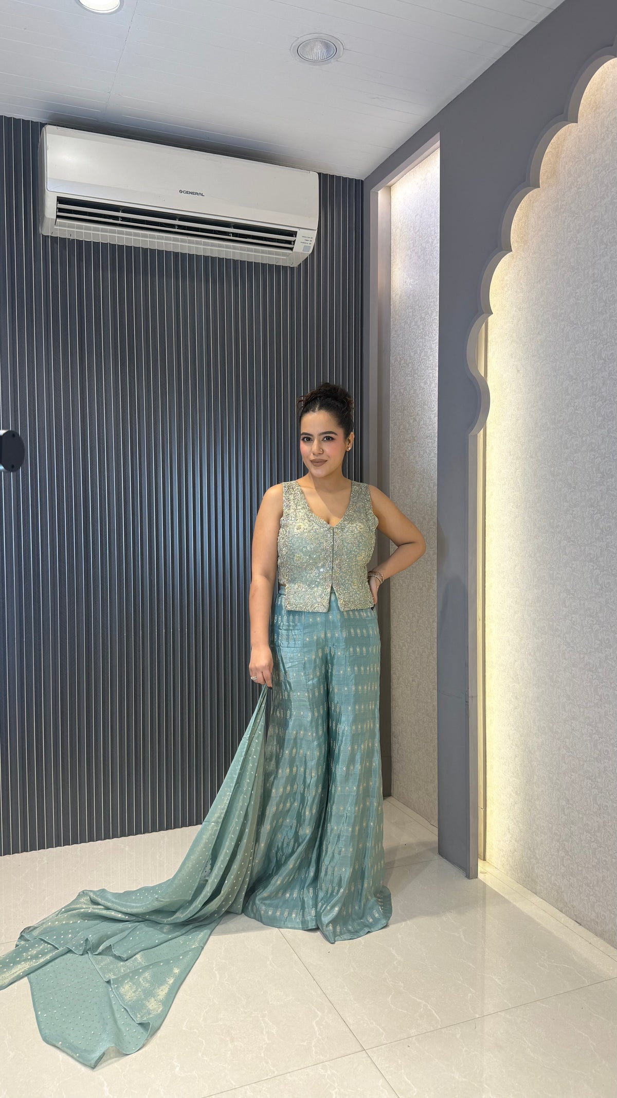 Women’s Banarasi Crop Top & Bottom Set with Hand-Embroidered Neckline