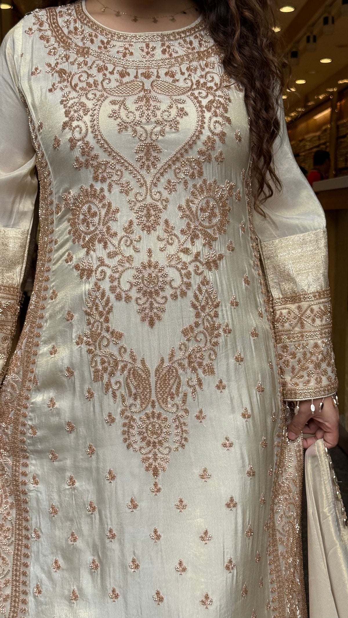 Women's Banarasi Shimmer Suit Set with Gold Beads Work