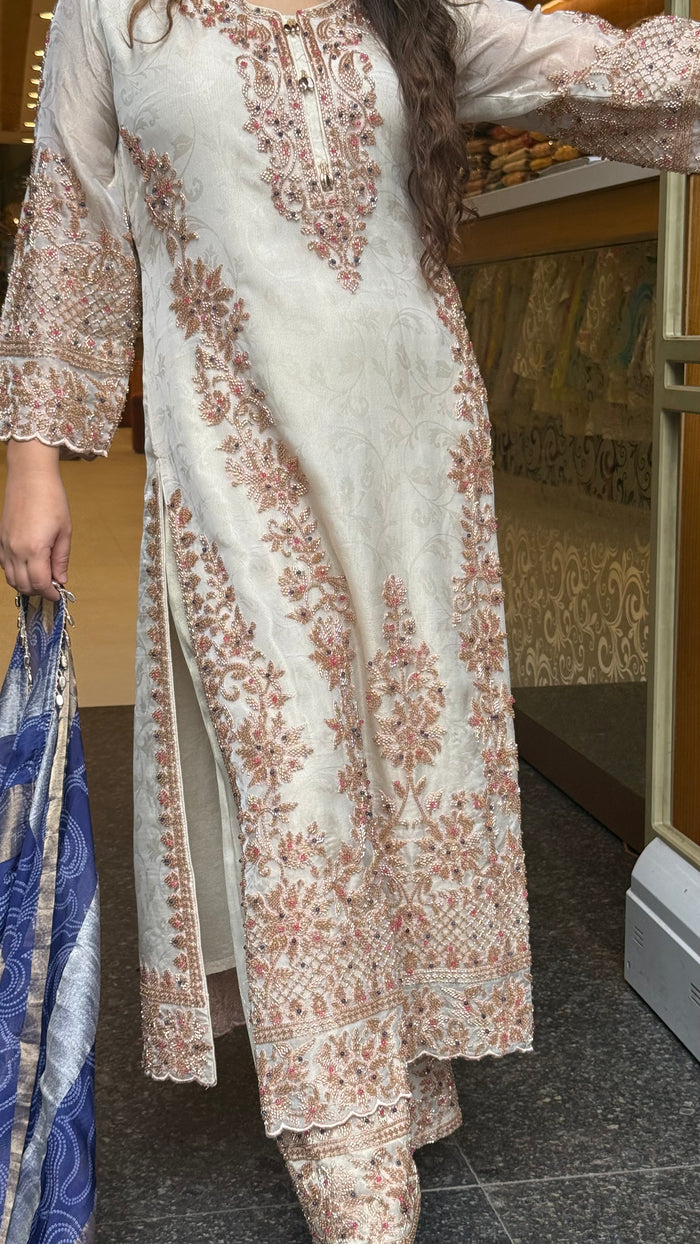 Luxury Shimmer Tissue Suit Set with Beads & Stone Embroidery | Designer Party Wear