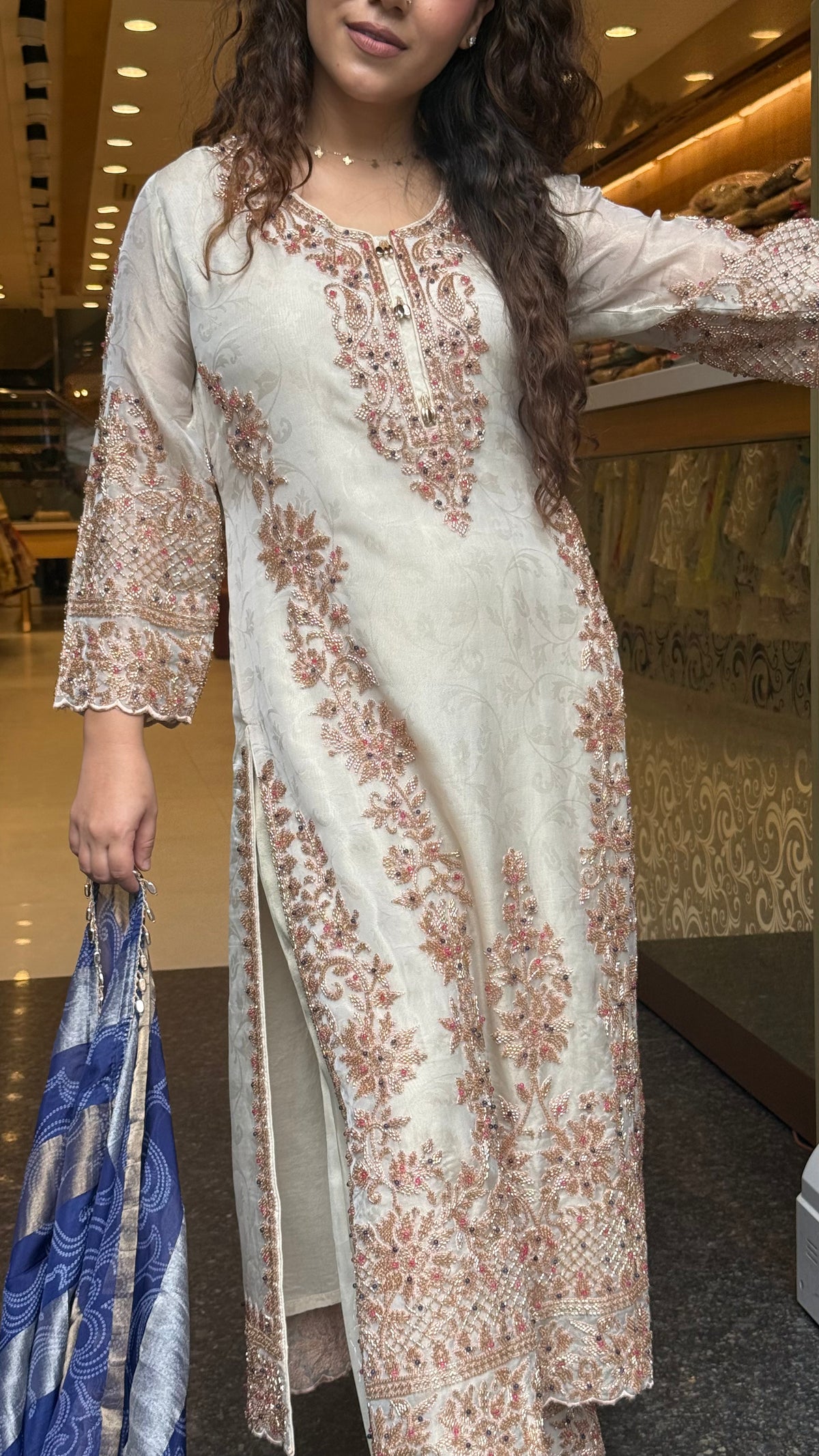 Luxury Shimmer Tissue Suit Set with Beads & Stone Embroidery | Designer Party Wear