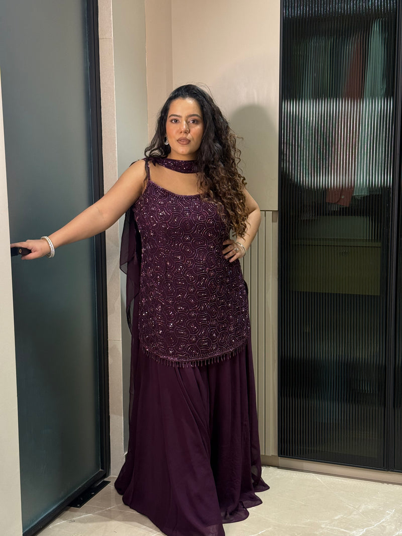 Handcrafted Cutdana Suit in Black & Wine – Elegant Festive Wear