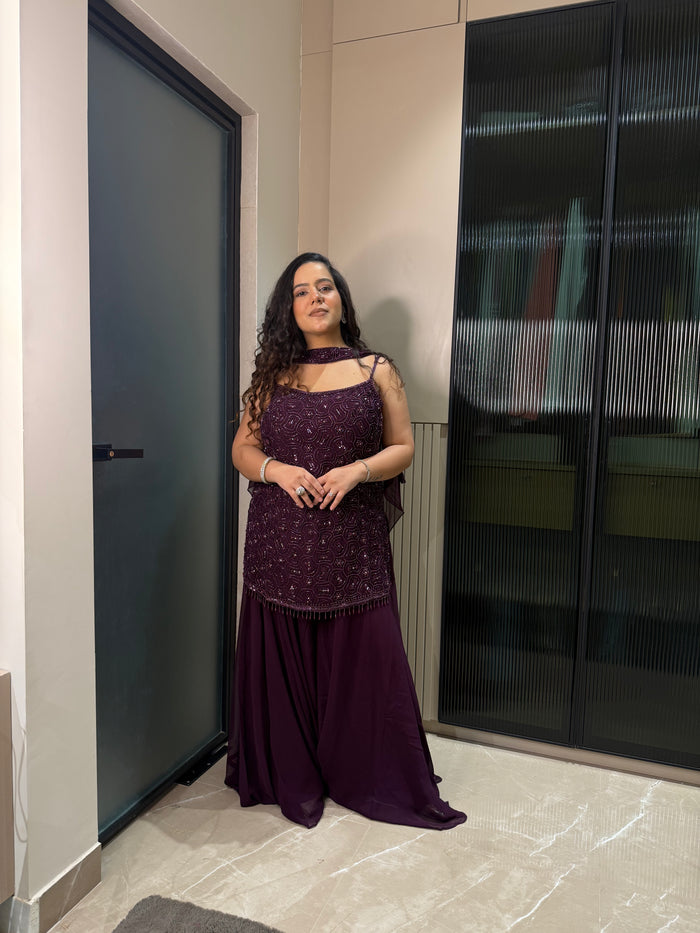 Handcrafted Cutdana Suit in Black & Wine – Elegant Festive Wear
