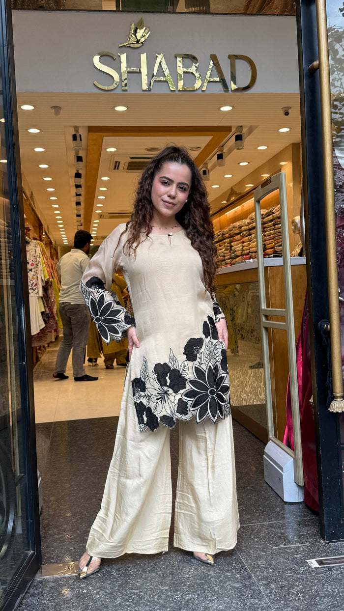 Women's Thread Embroidered Co-Ord Set with Black Patchwork & Cutwork Design | Premium Cotton Co-Ord