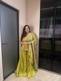 Lime & Peach Shimmer Silk Banarasi Suit with Mirror, Sequin & Nalki Work