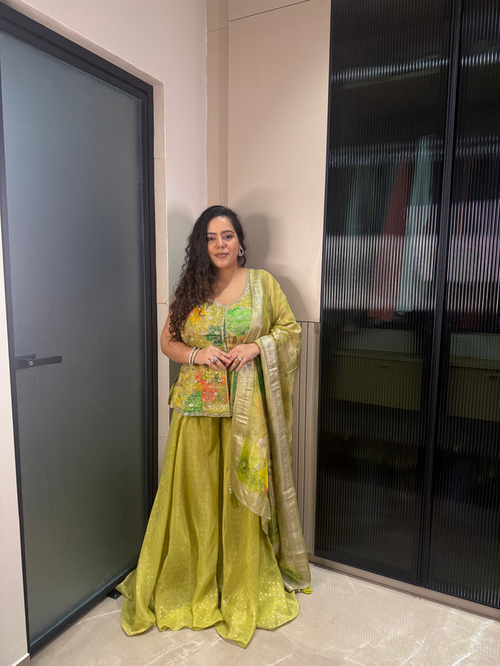 Lime & Peach Shimmer Silk Banarasi Suit with Mirror, Sequin & Nalki Work