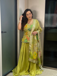 Lime & Peach Shimmer Silk Banarasi Suit with Mirror, Sequin & Nalki Work