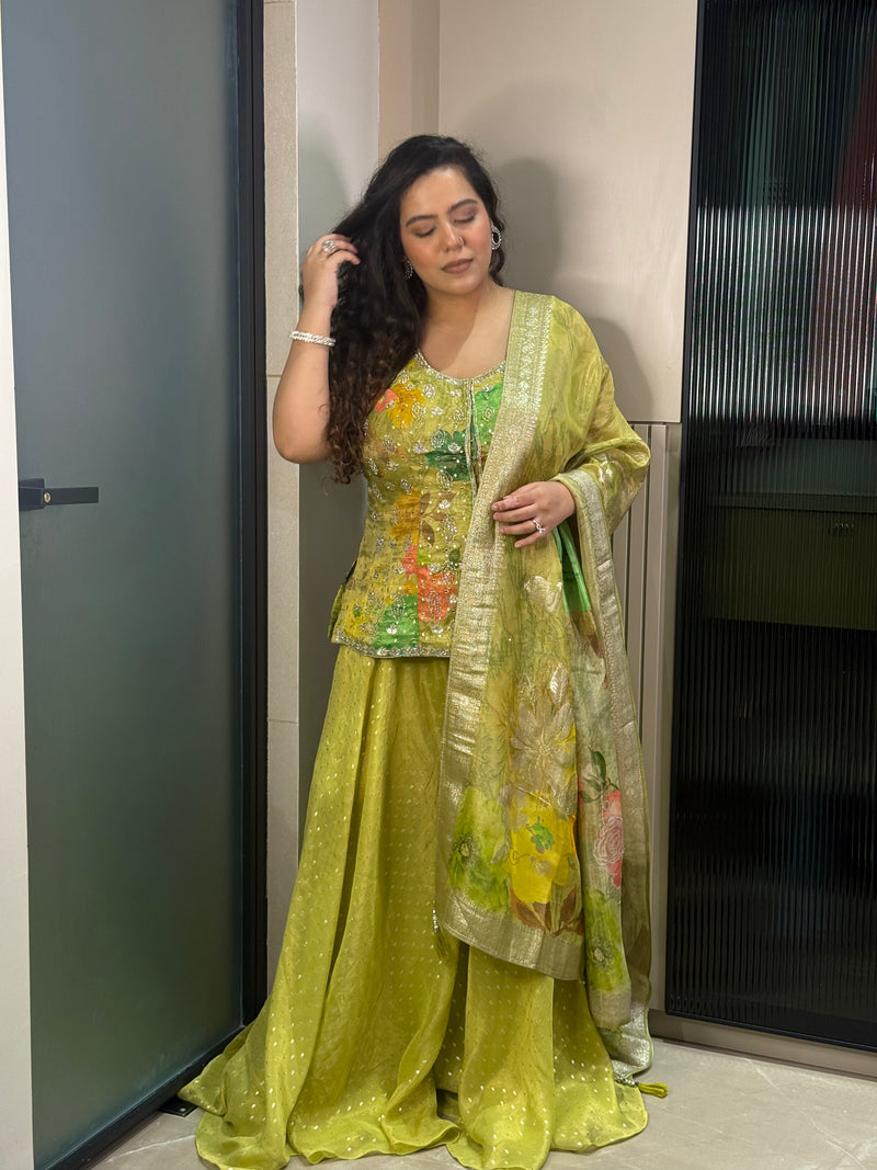 Lime & Peach Shimmer Silk Banarasi Suit with Mirror, Sequin & Nalki Work