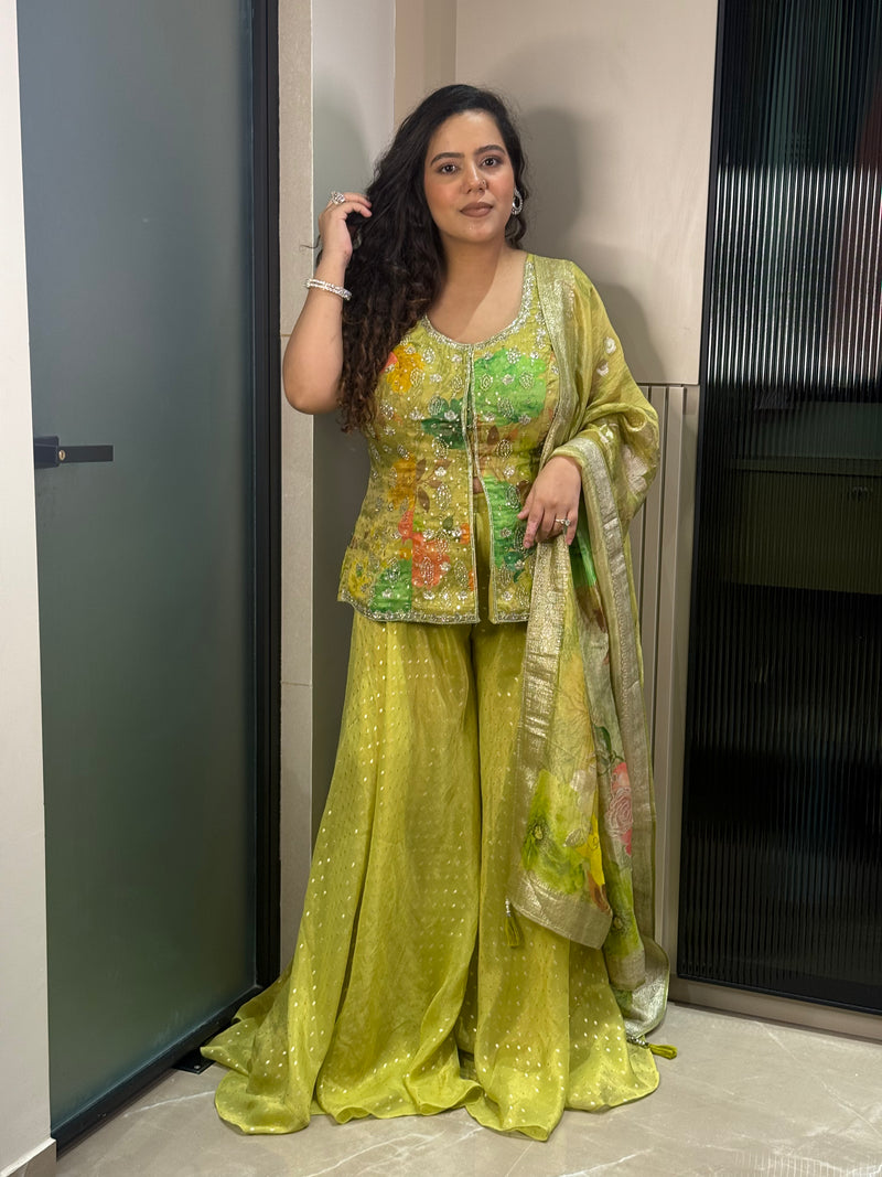 Lime & Peach Shimmer Silk Banarasi Suit with Mirror, Sequin & Nalki Work