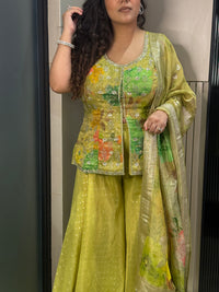 Lime & Peach Shimmer Silk Banarasi Suit with Mirror, Sequin & Nalki Work