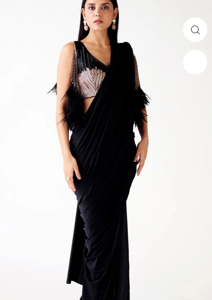 Black Shimmer Lycra Saree with Handwork Blouse & Feather Tassels