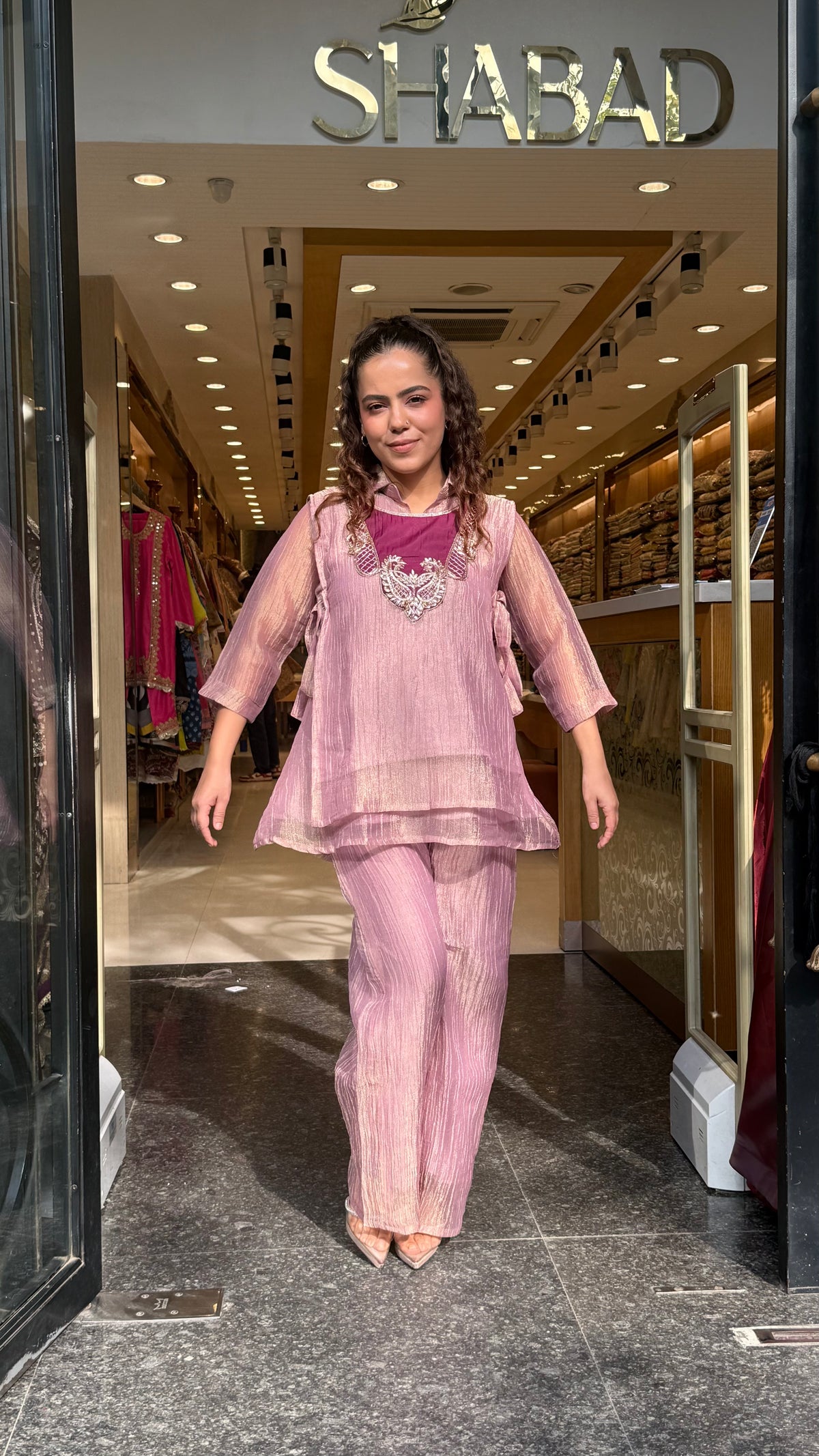Shimmer Tissue Co-Ord Set with Dabka Embroidered Neckline | Women's Festive Wear