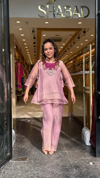Shimmer Tissue Co-Ord Set with Dabka Embroidered Neckline | Women's Festive Wear