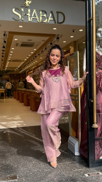 Shimmer Tissue Co-Ord Set with Dabka Embroidered Neckline | Women's Festive Wear
