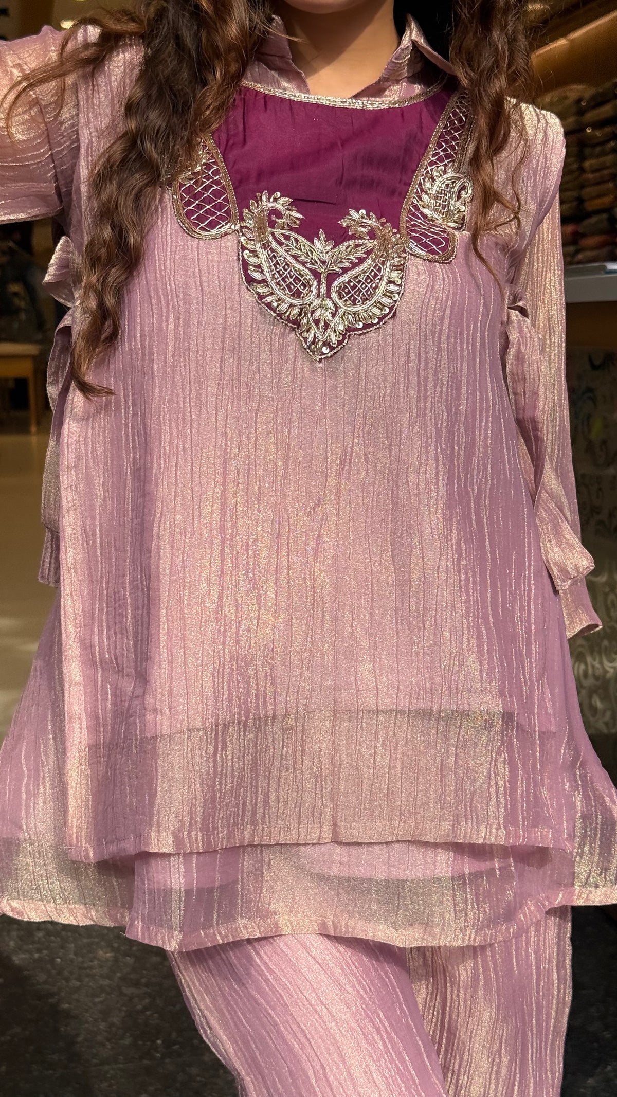 Shimmer Tissue Co-Ord Set with Dabka Embroidered Neckline | Women's Festive Wear