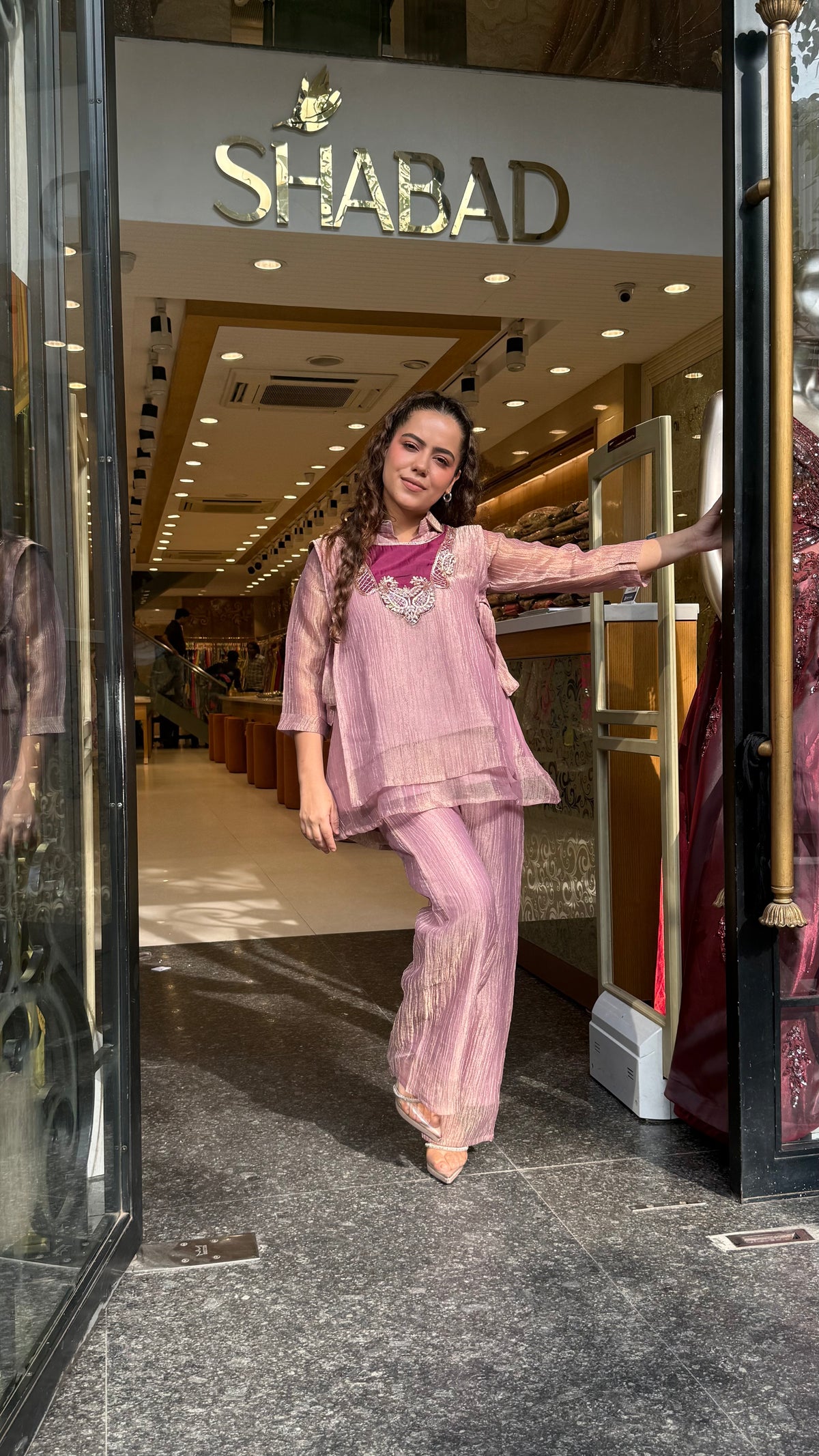 Shimmer Tissue Co-Ord Set with Dabka Embroidered Neckline | Women's Festive Wear