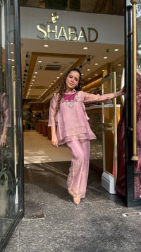 Shimmer Tissue Co-Ord Set with Dabka Embroidered Neckline | Women's Festive Wear
