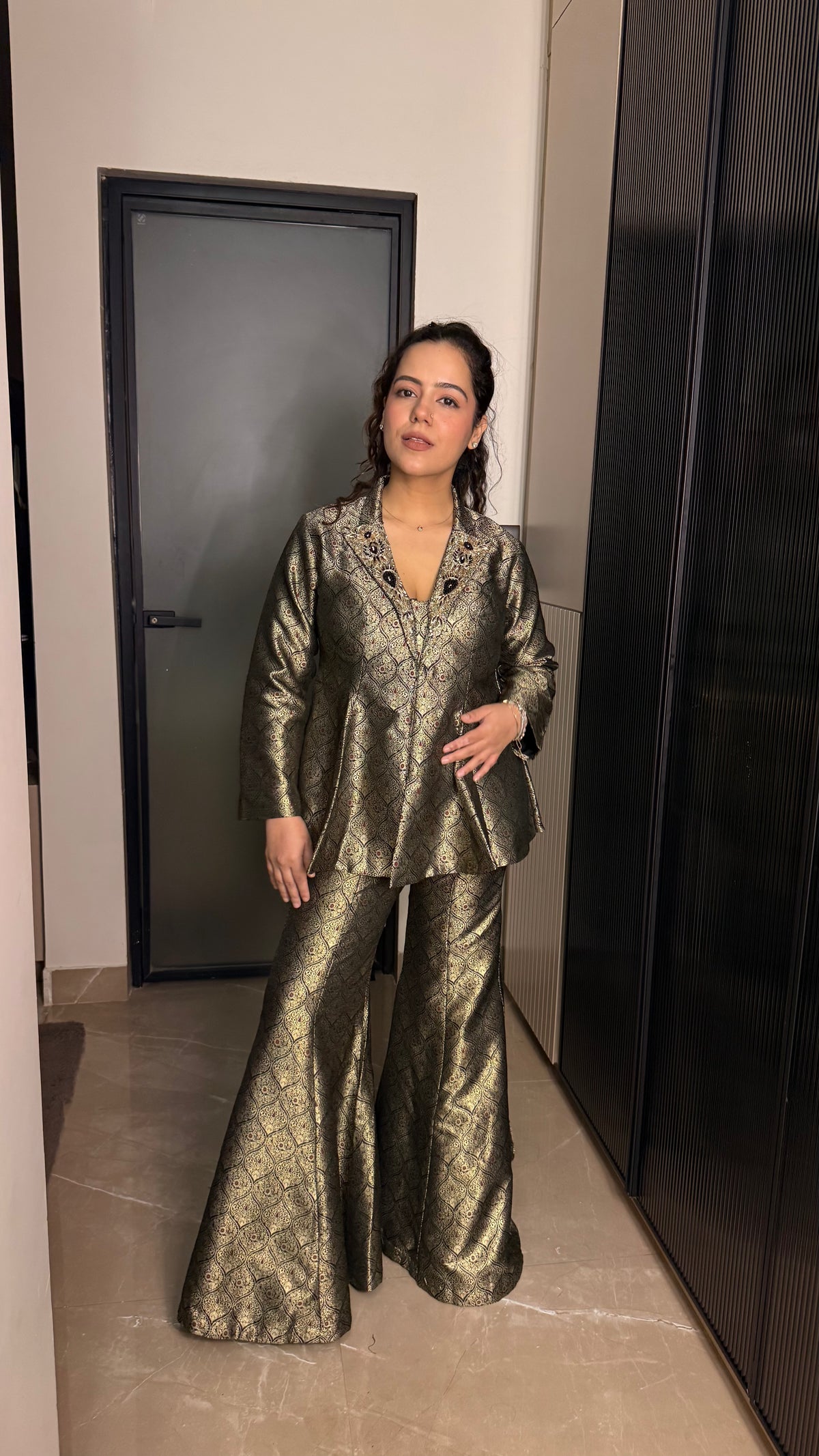 Brocade Indo-Western Set with Handworked Neckline