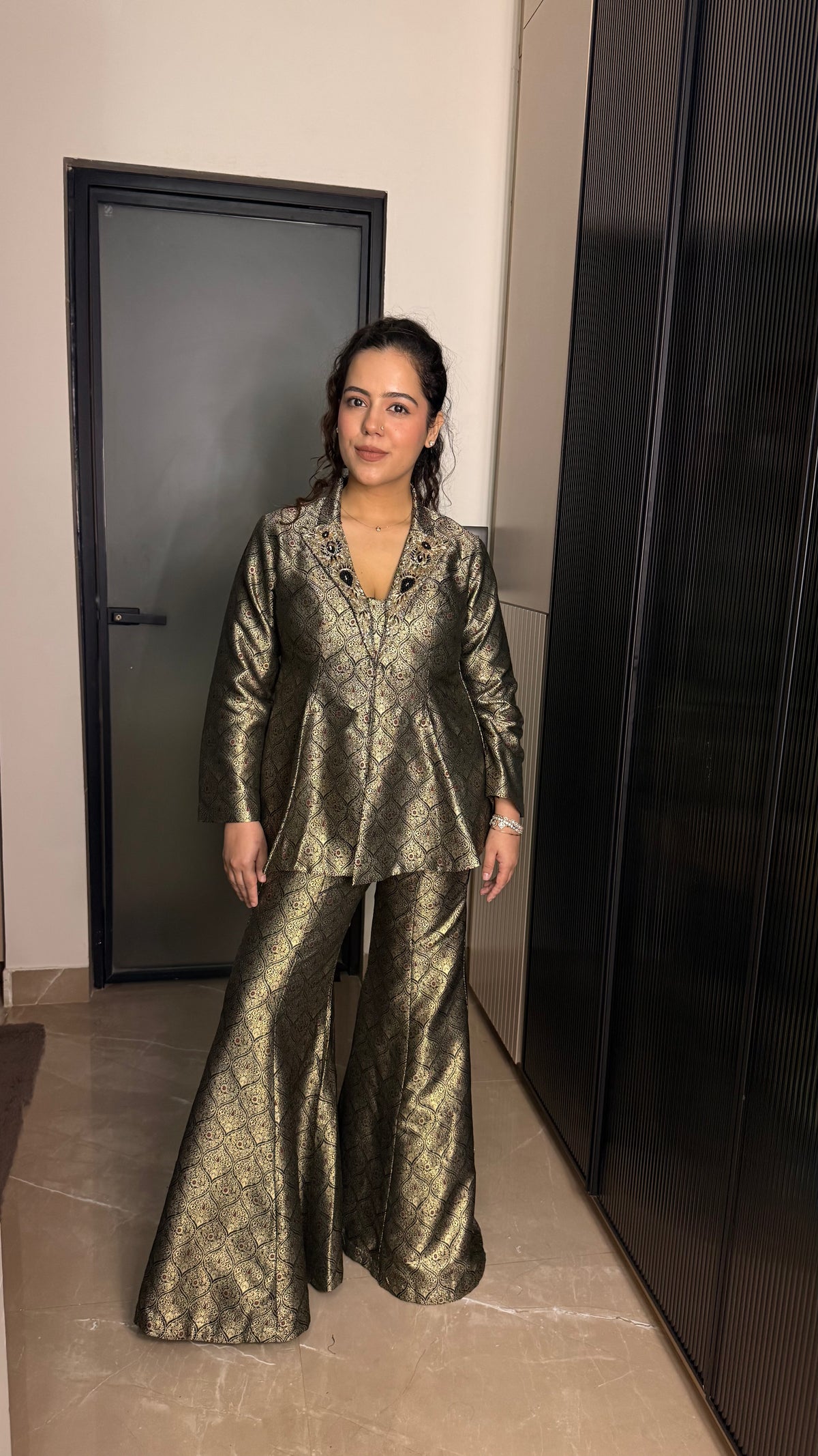 Brocade Indo-Western Set with Handworked Neckline