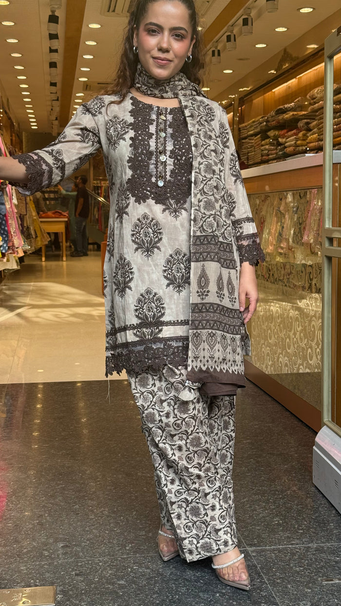 Women's Cotton Batik Print Suit with Lace Work