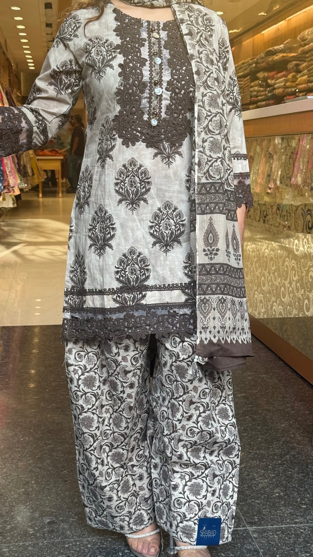 Women's Cotton Batik Print Suit with Lace Work