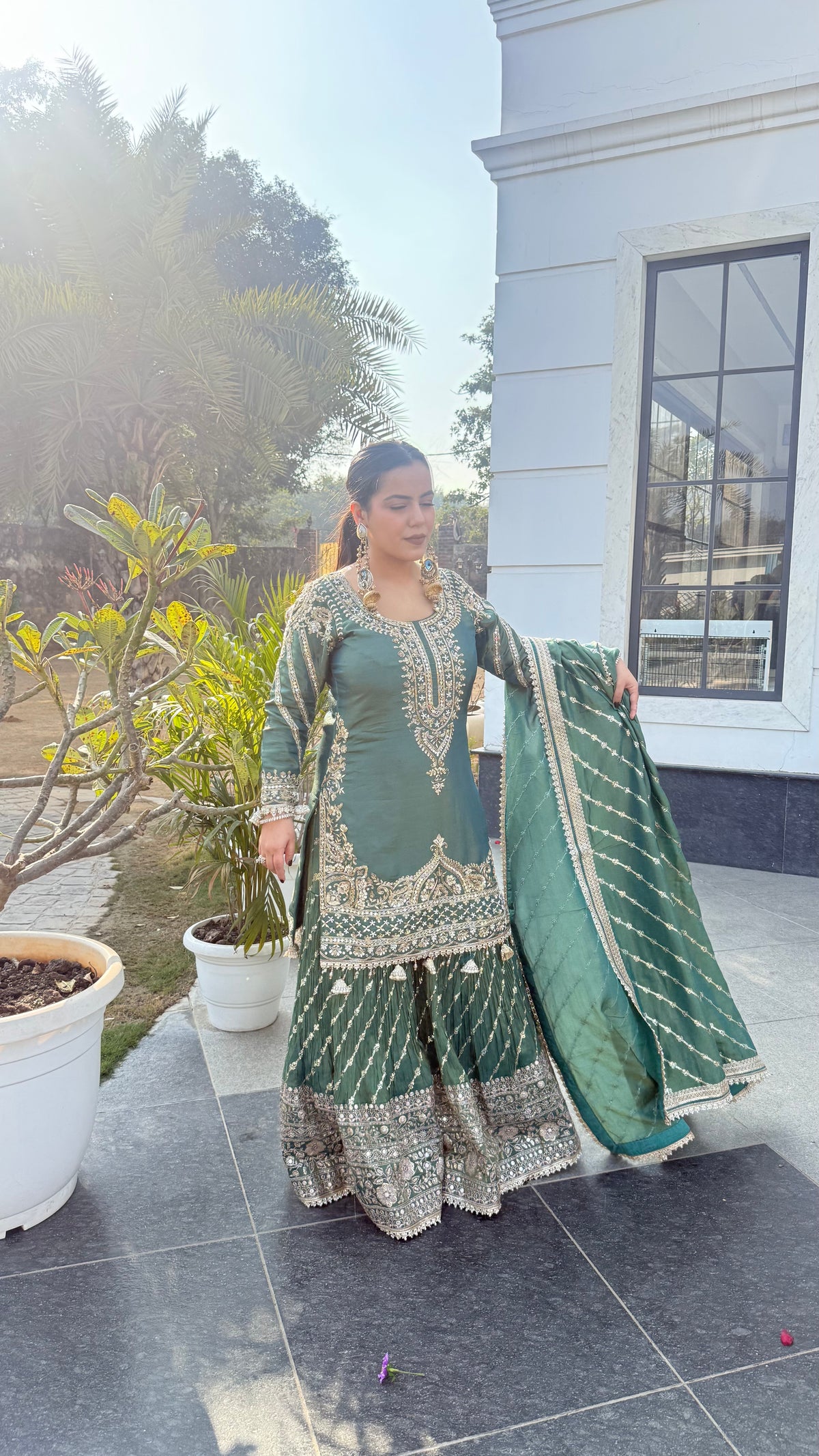 Shimmer Silk Suit with Dabka, Pearl & Mirror Work | Sequin Work Bottom