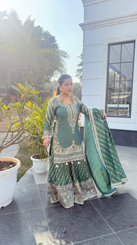 Shimmer Silk Suit with Dabka, Pearl & Mirror Work | Sequin Work Bottom