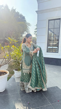 Shimmer Silk Suit with Dabka, Pearl & Mirror Work | Sequin Work Bottom