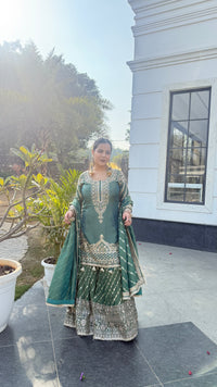 Shimmer Silk Suit with Dabka, Pearl & Mirror Work | Sequin Work Bottom