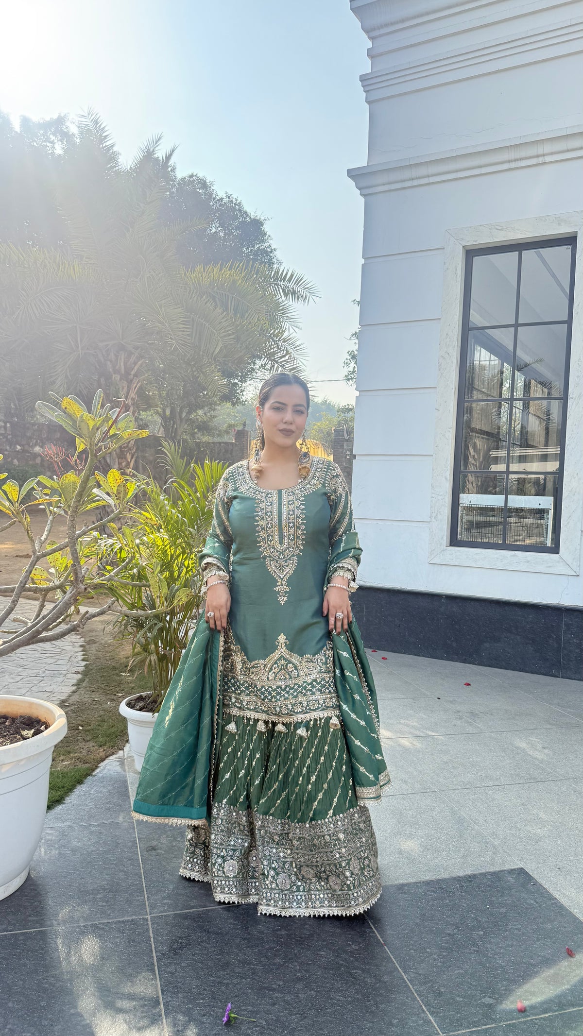 Shimmer Silk Suit with Dabka, Pearl & Mirror Work | Sequin Work Bottom