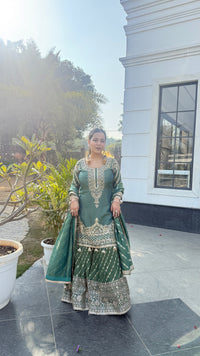 Shimmer Silk Suit with Dabka, Pearl & Mirror Work | Sequin Work Bottom