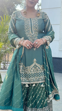 Shimmer Silk Suit with Dabka, Pearl & Mirror Work | Sequin Work Bottom