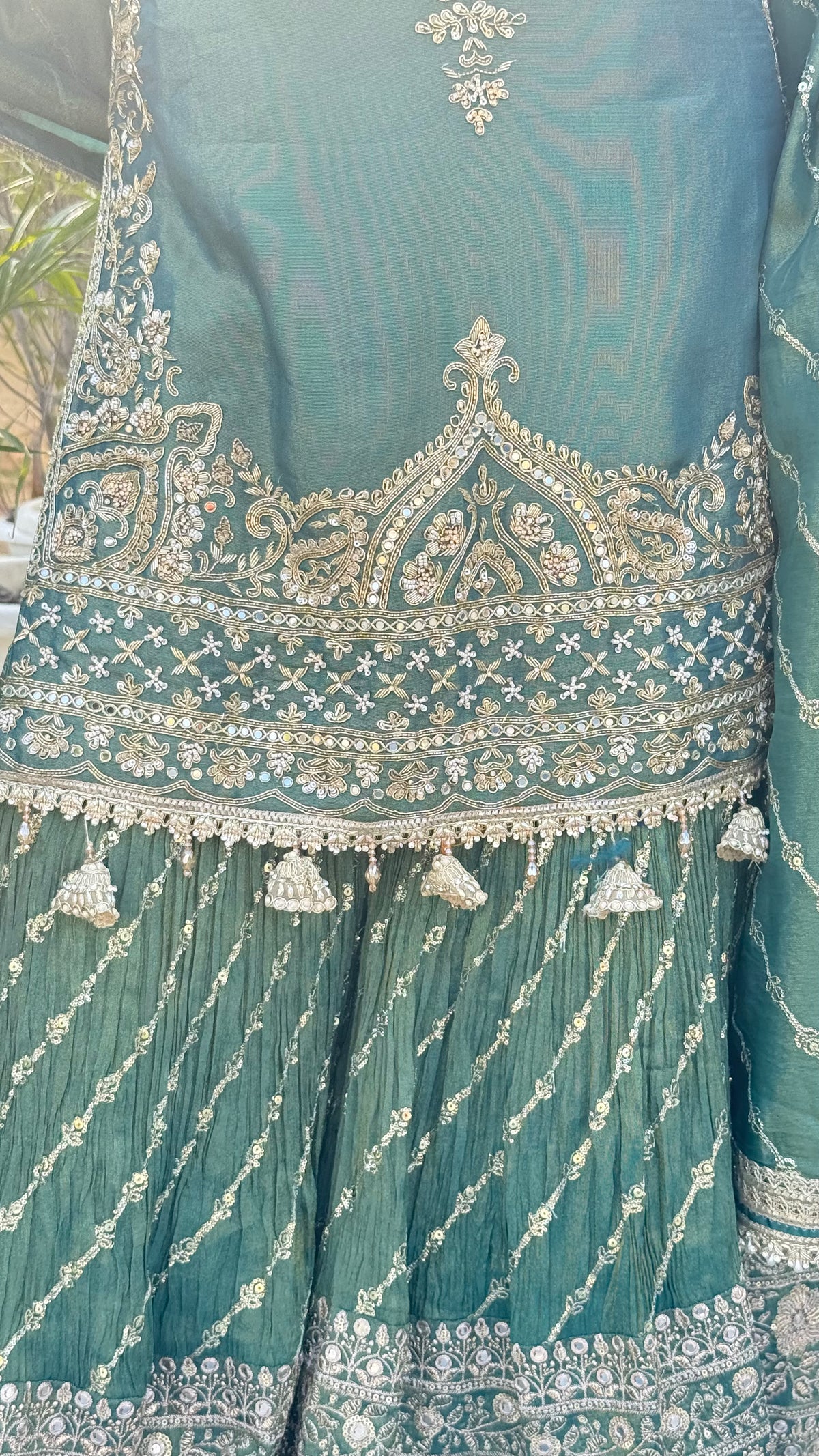 Shimmer Silk Suit with Dabka, Pearl & Mirror Work | Sequin Work Bottom