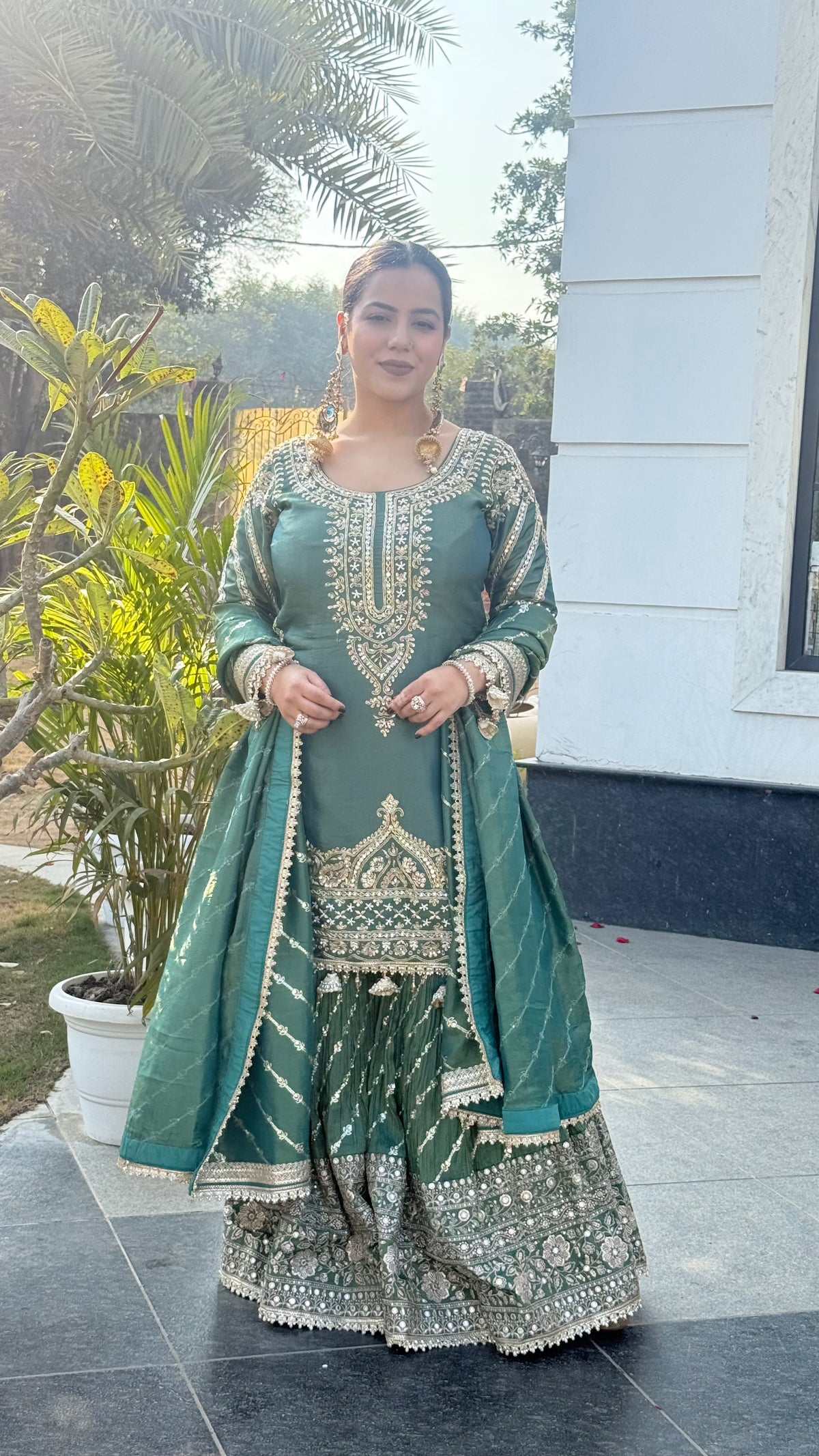 Shimmer Silk Suit with Dabka, Pearl & Mirror Work | Sequin Work Bottom