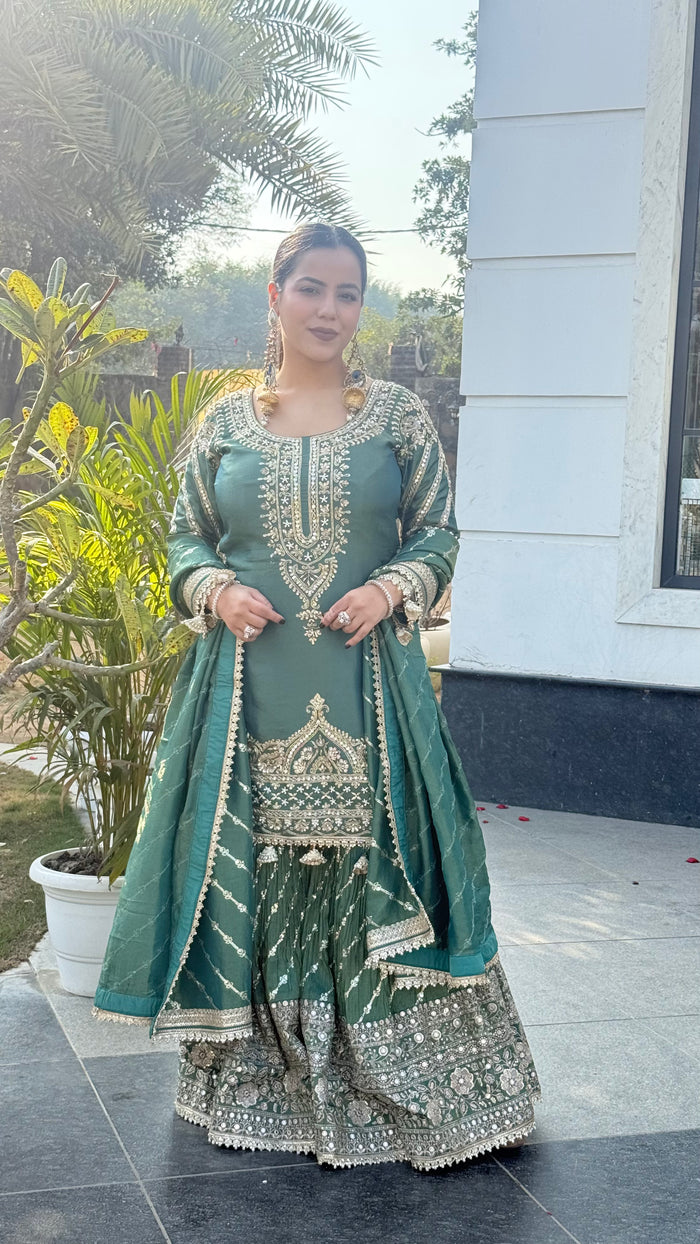 Shimmer Silk Suit with Dabka, Pearl & Mirror Work | Sequin Work Bottom