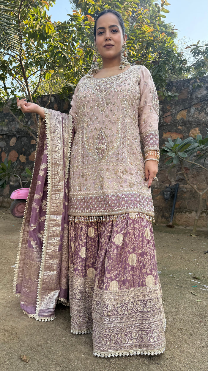 Shimmer Silk Suit with Dabka, Pearl & Mirror Work | Banarasi Contrast Bottom