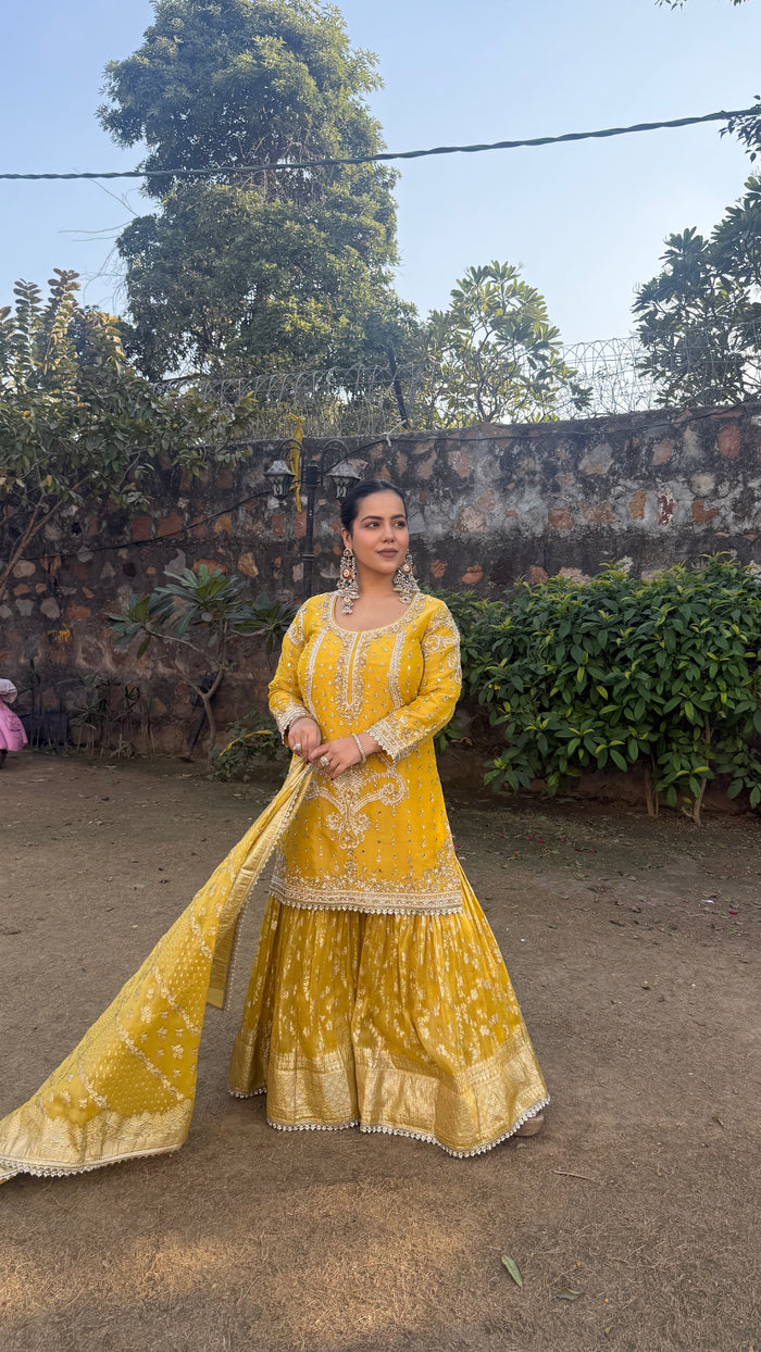 Shimmer Silk Suit with Dabka, Pearl & Mirror Work