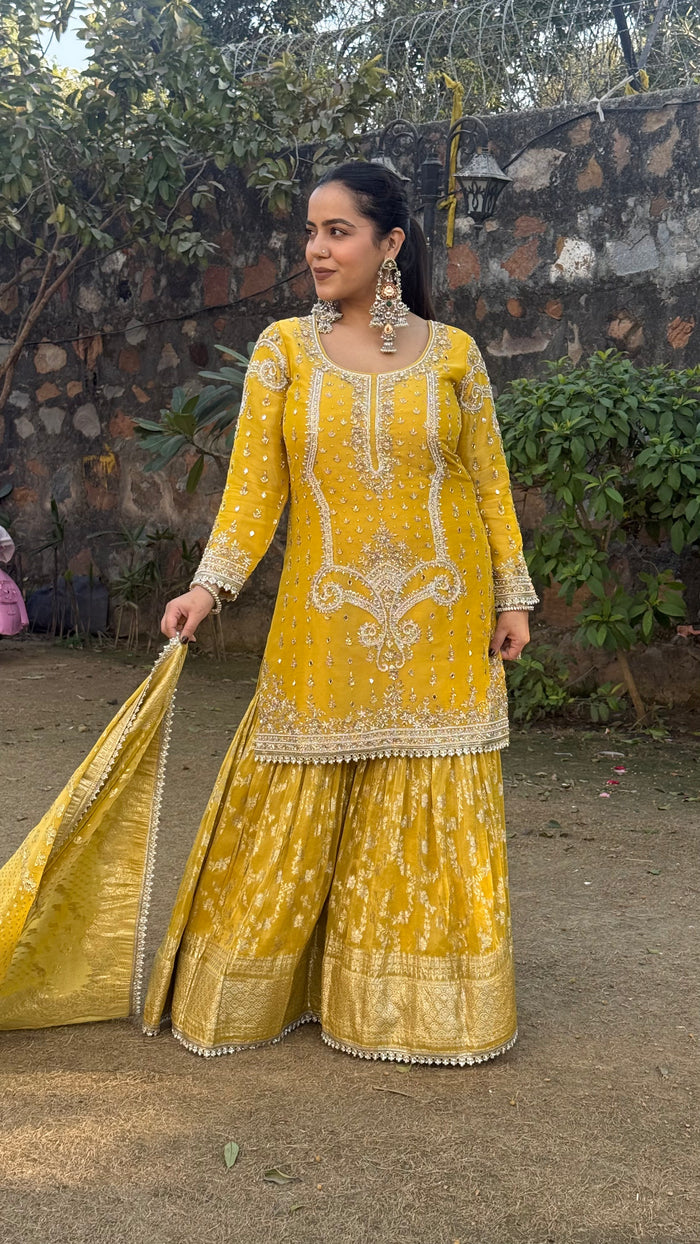 Shimmer Silk Suit with Dabka, Pearl & Mirror Work